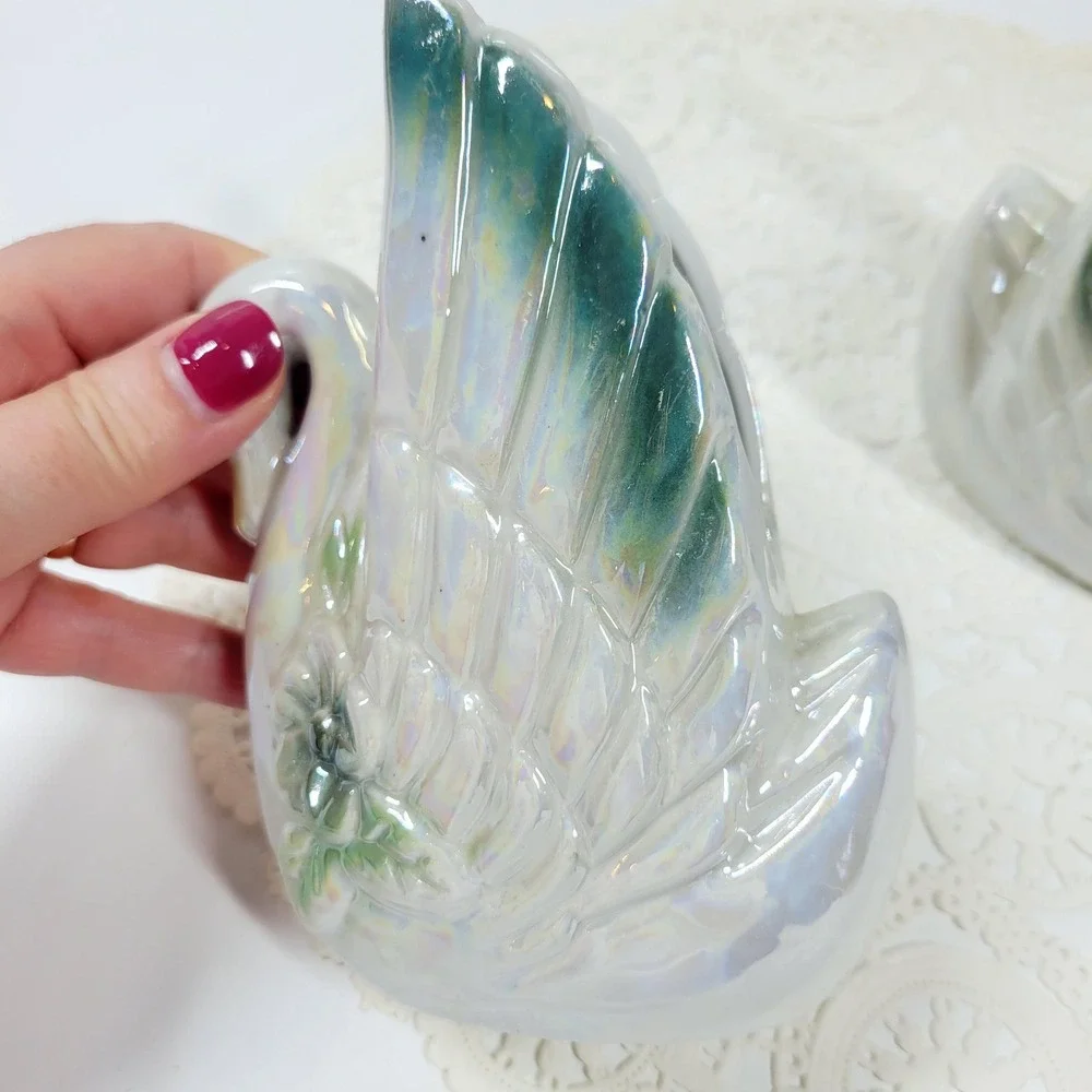 Vintage Lusterware Swan Iridescent Ceramic Figurine Pair Wedding Cake Topper